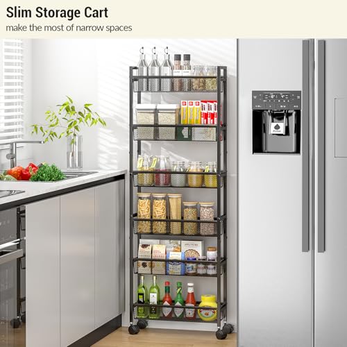 6-Tier Slim Rolling Storage Cart - Narrow Metal Mobile Shelving Unit