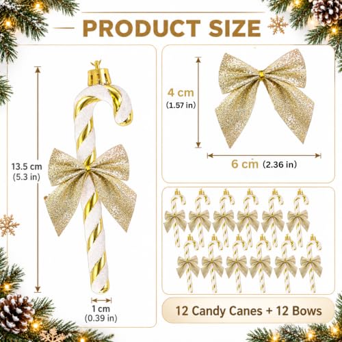 Gold and White Glitter Candy Cane Ornaments - 12pcs Christmas Tree Decorations with Bows