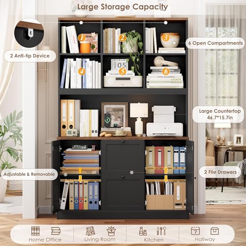 72" Tall Bookcase with Power Outlet, Printer Stand & 2 Filing Drawers