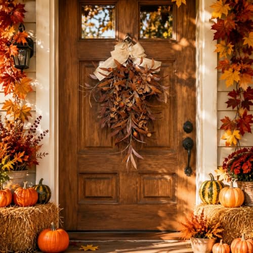 24 Inch Artificial Fall Olive Swag Teardrop Wreath with Bow for Front Door