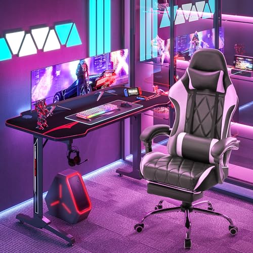 Ergonomic Gaming Chair with Footrest and Massage Lumbar Support - White