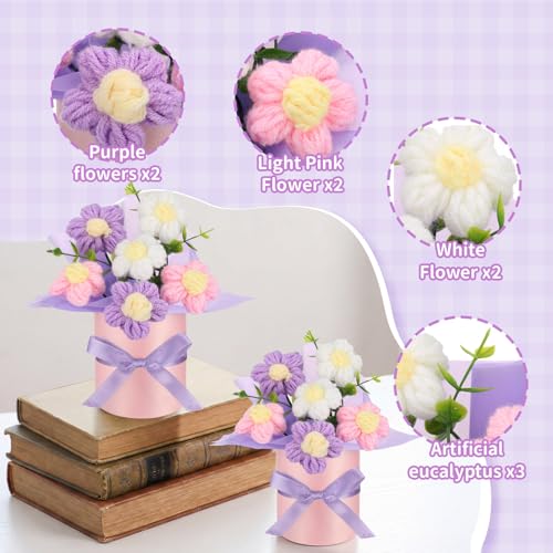 Willinglong 6-Piece Pastel Crochet Flower Bouquet Gift Set - Handmade Artificial Flowers with Gift Bags