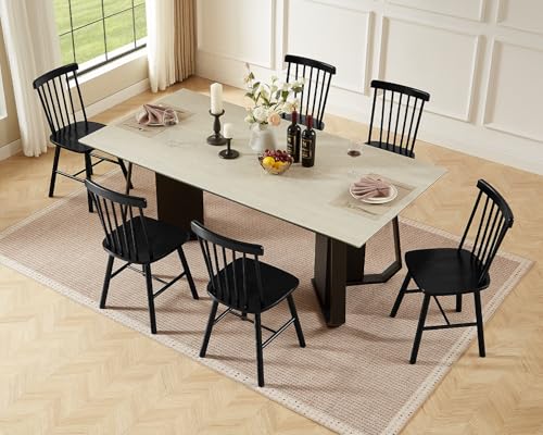 Windsor Dining Chairs Set of 6, Solid Wood Spindle Back Kitchen Chairs, Black
