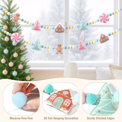Gingerbread Felt Ball Garland 8.2 ft Candy-Colored Christmas Banner with Pom Poms