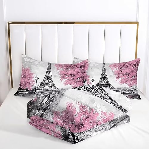 Pink Eiffel Tower Comforter Set Queen Size - French Style Bedding
