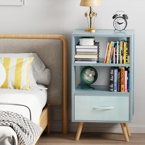 3-Tier Blue Nightstand with Drawer and Open Storage for Small Spaces