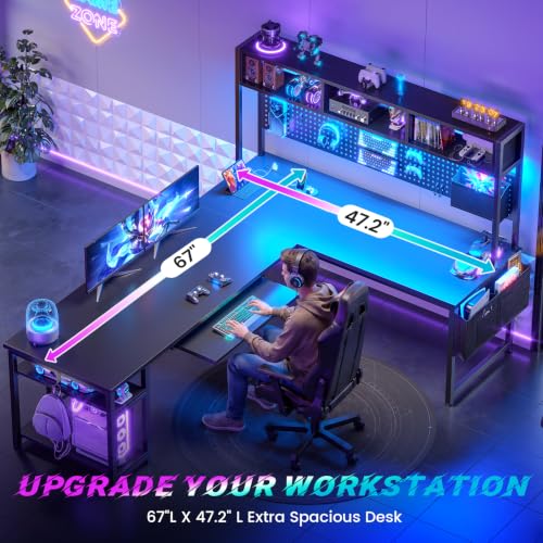 SEDETA 67-Inch L-Shaped Gaming Desk with Power Outlet, Pegboard & LED Lights - Black with Power Outlet and Pegboard