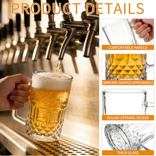 4-Pack 17.4 oz Large Glass Beer Mugs with Handles for Freezer Chilling