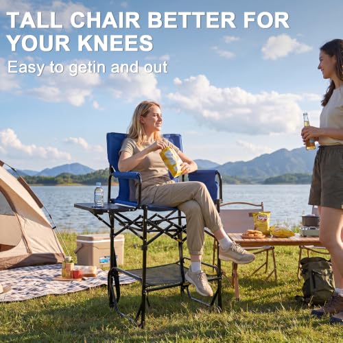 2 Pack Extra Tall Folding Camping Chairs with Side Table, 400 lb Capacity