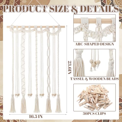 Macrame Hanging Photo Display with 30 Clips, Boho Wall Art Decor