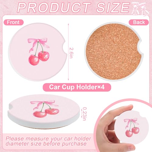 4 Pcs Pink Bow Car Coasters for Cup Holders - 2.56" Absorbent Ceramic, Boao (Pink Bow Variation)
