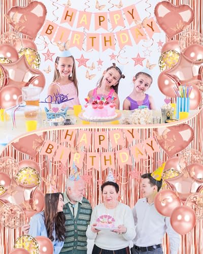 Rose Gold Happy Birthday Decoration Set with Foil Curtains and Balloons