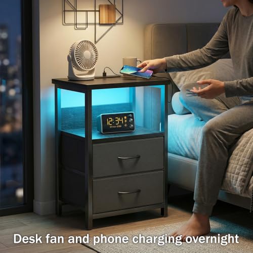 Black LED Nightstand with Charging Station, 2 Fabric Drawers & USB Ports
