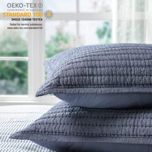 Cotton Chambray Standard Pillow Sham - Blue Channel Stitched Cover