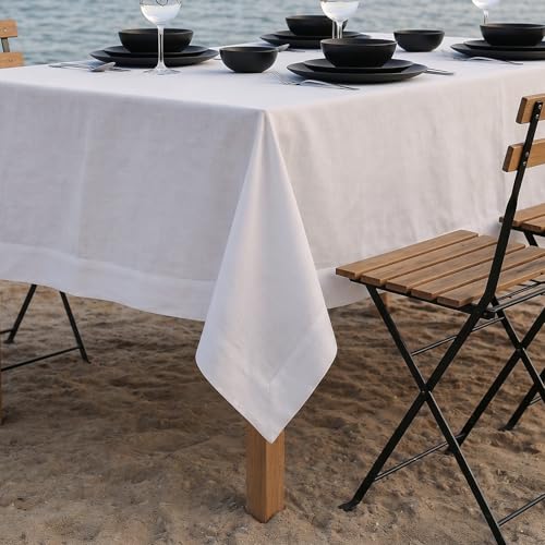 Solino Home 100% Linen White Rectangular Tablecloth 60 x 84 Inches