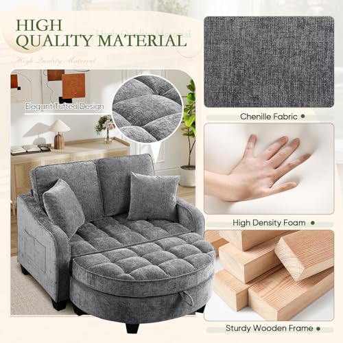 Oversized Chenille Chaise Lounge Chair with Storage Ottoman & Sleeper Bed