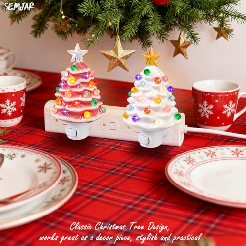 Semjar 2 Pack Ceramic Christmas Tree Night Light - White & Pink, UL Certified
