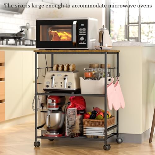 3-Tier Rolling Kitchen Microwave Cart with Lockable Wheels & Hooks