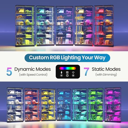 Frameless Glass Display Cabinet with RGB Motion Sensor Lighting, 10-Tier