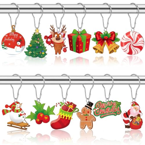 Christmas Shower Curtain Hooks 24 Sets (48 Pieces) Wood & Metal Xmas Ring Clips