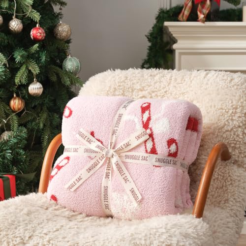 Snuggle Sac Pink Candy Cane Bow Christmas Throw Blanket 50x60 in - Ultra Soft Plaid Snowflake