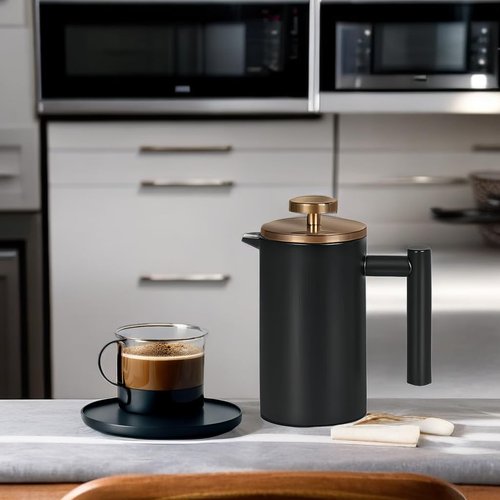 Meelio Small French Press 350ml Coffee Maker, Black Double-Wall Insulated French Press Coffee Press Stainless Steel, Included 2 Extra Fliters and 1 Coffee Spoon (1 cup, 12 OZ)