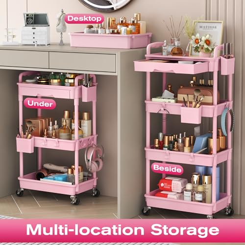 Goovilla 3-Tier Pink Makeup Organizer Cart with Removable Drawer and Lockable Wheels