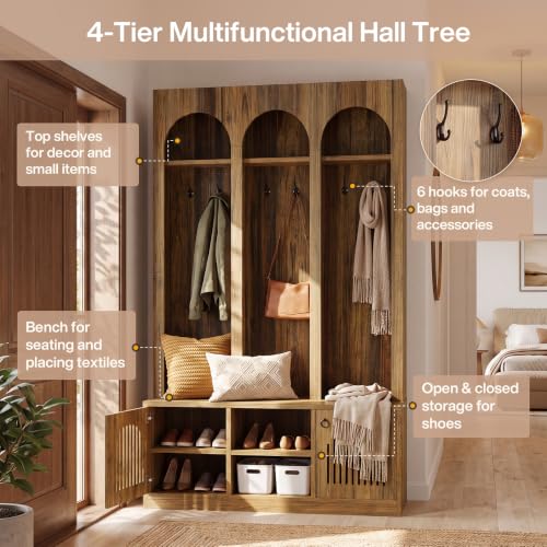 Farmhouse Rustic Entryway Coat Rack & Shoe Storage Bench - 71" Hall Tree