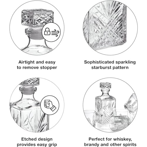 Bormioli Rocco Selecta Decanter, Set of 2 - Starburst Etched Glass with Airtight Diamond Stopper for Whiskey, Brandy & Spirits - 33.75 Oz. Each - Made in Italy, Elegant Barware, Dishwasher Safe
