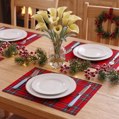 Dunzy Red Christmas Tartan Plaid Placemats Set of 8 – Holiday Table Decor