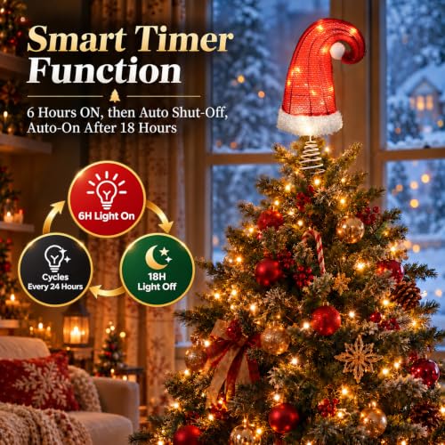 8 Inch Red Santa Hat Christmas Tree Topper with 6H Timer (Battery Operated) - Santi Hat Variation 8 Inch Red Hat