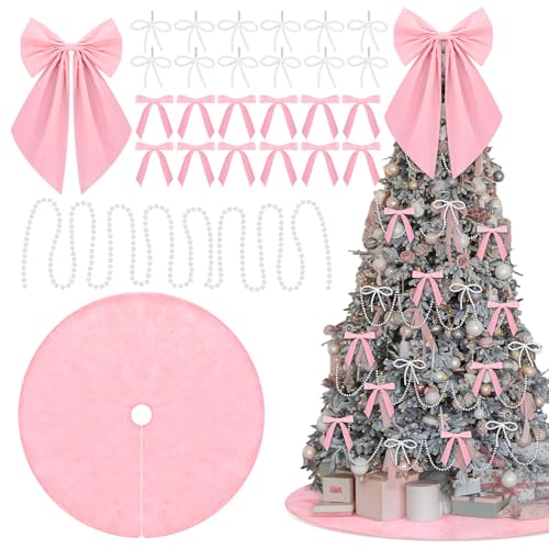 Pink Pearl Christmas Tree Decorations Set 31 Pcs with Velvet Bows, Pearls & Tree Skirt