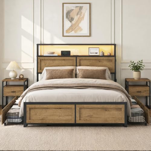 Industrial Bed Frame Set with LED Lights, Charging Station & 6 Storage Drawers