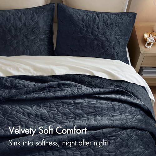 Navy King Velvet Quilt Set - Geometric Design, 3pc Bedding