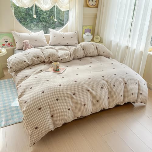 Heart Print Duvet Cover Set, 100% Cotton Full/Queen Bedding with Pillow Shams