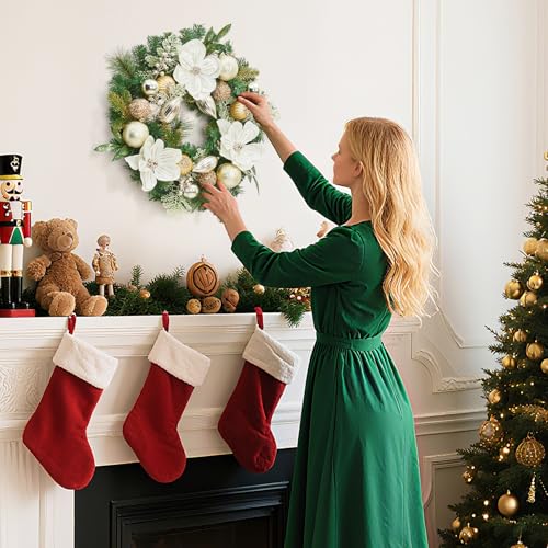 Garvee 24in White Gold Pre-Lit Christmas Wreath - 20 LED Lights, Battery Timer, Magnolia Flowers