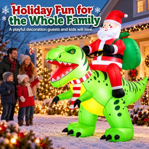 Candieslife Santa & Dinosaur Inflatable - 8ft Christmas Yard Decor with LED Lights
