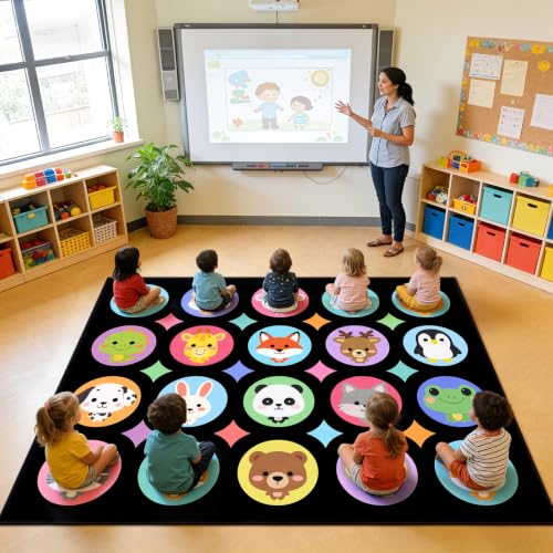 8x10 Classroom Seating Rug with 20 Animal Spots for Preschool Kids