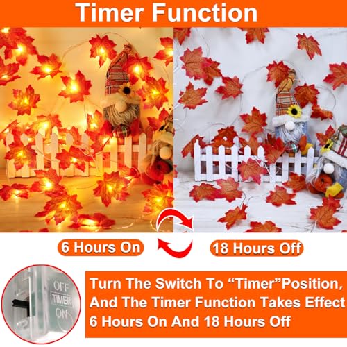 Lighted Fall Maple Leaf Garland with Timer - 2 Pack 20ft String Lights