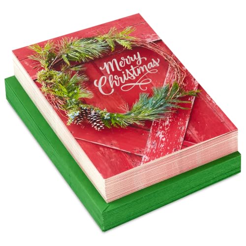 Hallmark Rustic Christmas Cards with Envelopes, 40-Pack - Barn Door Wreath Design