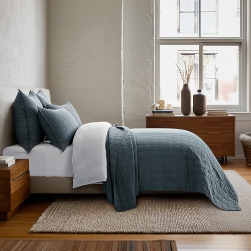 100% Cotton Box Stitch Quilt Set, Queen, Midnight Blue - 3 Piece Bedding