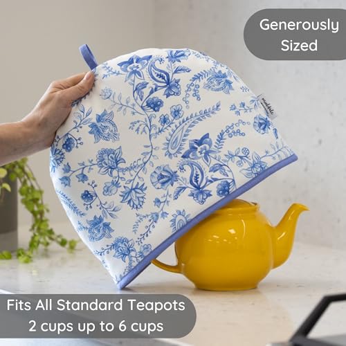 Large Insulated Tea Cozy - 100% Cotton Vintage Blue Floral Teapot Cover