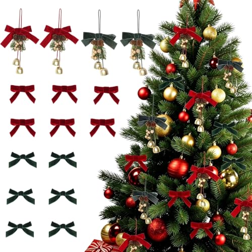 RECUTMS 16Pcs Velvet Christmas Bell & Velvet Bow Ornaments Set – Red & Green
