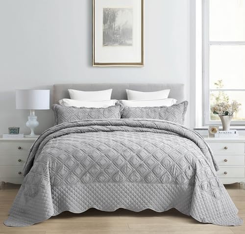 Oversized King Bedspread Set, Grey Diamond Tufted Coverlet