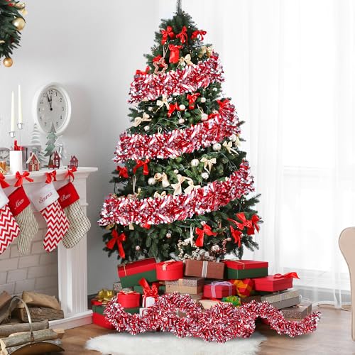 Red and Silver Christmas Tinsel Garland 49.2Ft Indoor Outdoor Holiday Decor
