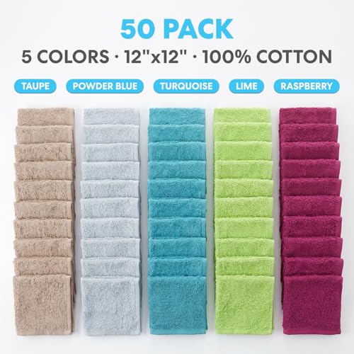Simpli-Magic 12x12 Cotton Washcloths Pack of 50 – Multicolor, Soft & Absorbent