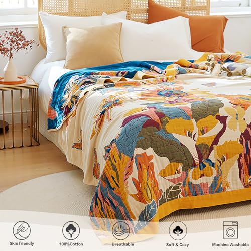 Boho Cotton Throw Blanket 50x60, Soft Breathable Farmhouse Bed & Couch Quilt