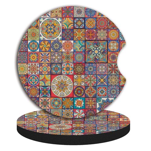 Adastrah Multicolor Boho Mandala Car Coasters 2-Pack, Absorbent Neoprene, 2.75 Inch with Finger Slot