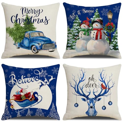 Blue Christmas Throw Pillow Covers Set of 4 20x20 Inches Holiday Cushion Decor