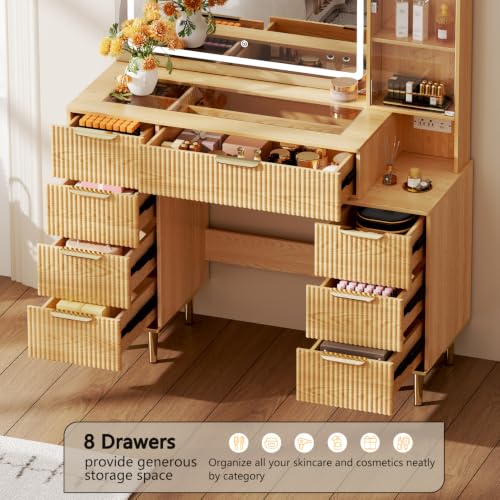 Modern Makeup Vanity Desk with Mirror, Lights, 8 Drawers and Power Outlet